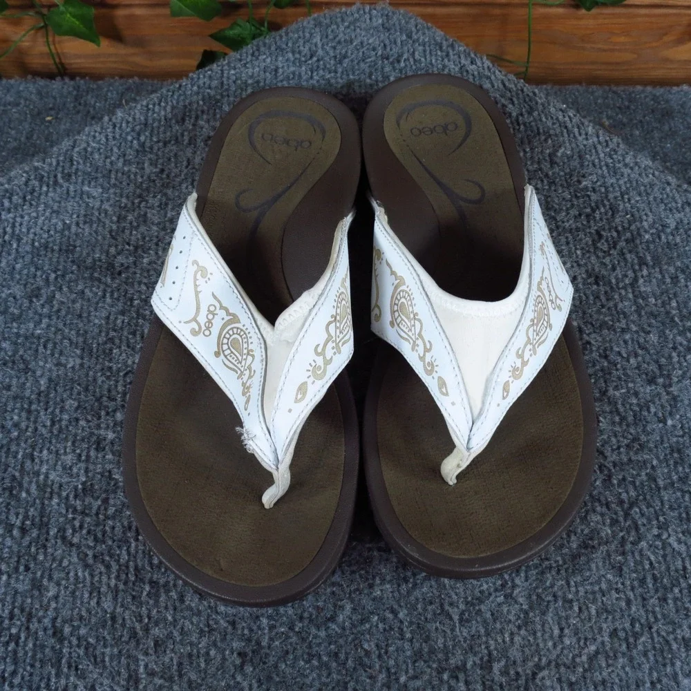 Abeo Balboa Women Thong Sandal 7.5N Walking White Leather Gold‎ Paisley